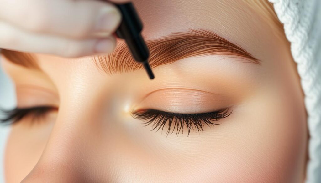 A close-up shot of a woman's eyebrows, showcasing the process of eyebrow lamination. The eyebrows are well-groomed, with a natural, feathered appearance. The skin around the eyebrows is smooth and flawless, highlighting the transformation. The lighting is soft and diffused, creating a warm, inviting atmosphere. The camera angle is slightly above the subject, emphasizing the detailed texture and structure of the eyebrows. The background is blurred, keeping the focus on the eyebrows and the laminatin g process. The overall mood is one of refinement, beauty, and attention to detail.