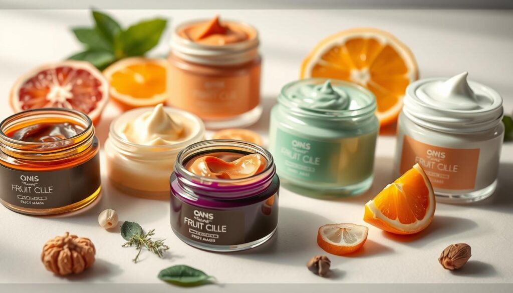 A close-up view of an assortment of face masks made with various fruit acids, such as alpha hydroxy acids from citrus fruits, lactic acid from dairy, and salicylic acid from willow bark. The masks are arranged on a clean, minimalist background, showcasing their natural ingredients and vibrant colors. Soft, diffused lighting creates a warm, inviting atmosphere, highlighting the textures and details of the masks. The composition emphasizes the artisanal, handcrafted nature of these nourishing skincare products, capturing the essence of the "fruit acid face mask" trend in a refined, aesthetic manner.