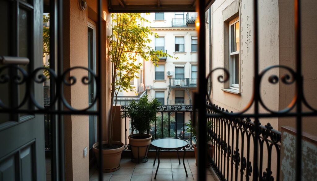 A cozy balcony in a city block, bathed in warm afternoon light. The wrought-iron railing frames a view of neighboring buildings, their weathered facades exuding a sense of timeless charm. Potted plants and a small outdoor table create a welcoming atmosphere, inviting the resident to step outside and enjoy a moment of tranquility amidst the urban landscape. The balcony's tiled floor and the gentle breeze rustling through the foliage evoke a feeling of connection to the building's history and the rhythms of daily life. This intimate, well-loved space serves as a bridge between the private home and the vibrant community beyond, a cherished oasis that enhances the quality of life for those who call this block their home.