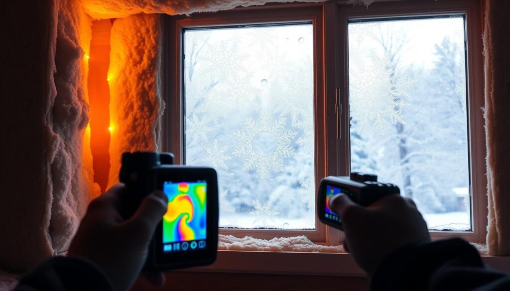 A cozy, well-insulated window frame with delicate frost patterns on the glass. The interior features warm, inviting lighting, highlighting the thick, high-quality insulation material. In the foreground, a thermal imaging camera captures the heat signature, showcasing the effective insulation. The background depicts a snowy, wintry landscape, emphasizing the importance of proper thermal isolation. The scene conveys a sense of comfort, efficiency, and environmental consciousness, aligning with the article's focus on energy-saving through window insulation.