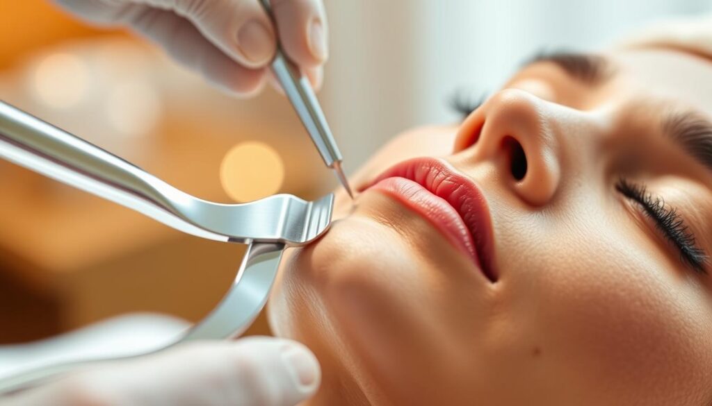 A detailed close-up of a dermaplaning procedure, showcasing the surgical blade delicately gliding across the skin's surface. The foreground features the blade's precise movement, capturing the intricate technique. The middle ground presents a radiant, glowing complexion, highlighting the skin's improved texture and clarity after the treatment. The background is softly blurred, emphasizing the focus on the dermaplaning action. Subtle, natural lighting casts a warm, inviting glow, conveying the rejuvenating and refreshing effects of the procedure. The overall mood is one of professionalism, precision, and skin transformation.