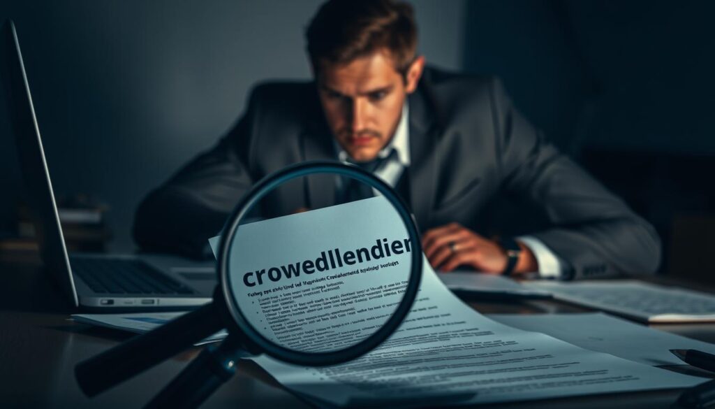 A dimly lit office desk, papers and a laptop strewn across its surface, reflecting the glow of a computer screen. In the foreground, a magnifying glass hovers over a document, highlighting the fine print and details of "crowdlending". In the middle ground, a businessman in a crisp suit leans in, brow furrowed in concentration, studying the information. The background is softly blurred, creating a sense of focus and attention on the core subject. Subtle shadows and highlights sculpt the forms, conveying a serious, investigative mood. The overall composition suggests an in-depth exploration of the concept of crowdlending.