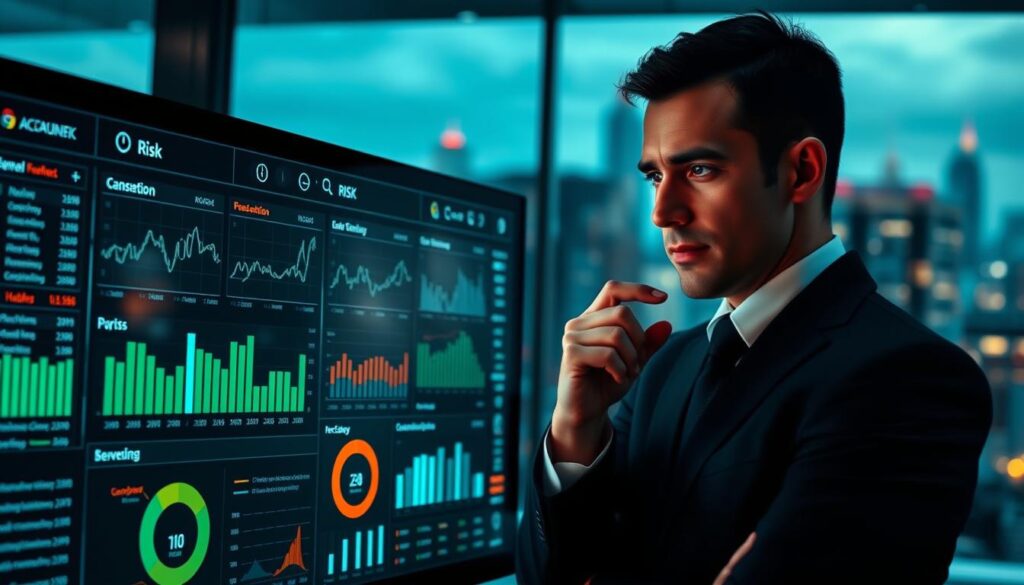 A high-contrast, cinematic image of a financial risk management dashboard. In the foreground, a sleek touchscreen display shows a comprehensive overview of key risk metrics, visualized through interactive charts and graphs. The middle ground features a professional-looking businessman in a suit, thoughtfully studying the data with a pensive expression. The background is a blurred cityscape, hinting at the complex global landscape that businesses must navigate. Dramatic lighting casts dramatic shadows, emphasizing the gravity and importance of effective risk management strategies. The overall mood is one of analytical precision, strategic foresight, and calculated decision-making.