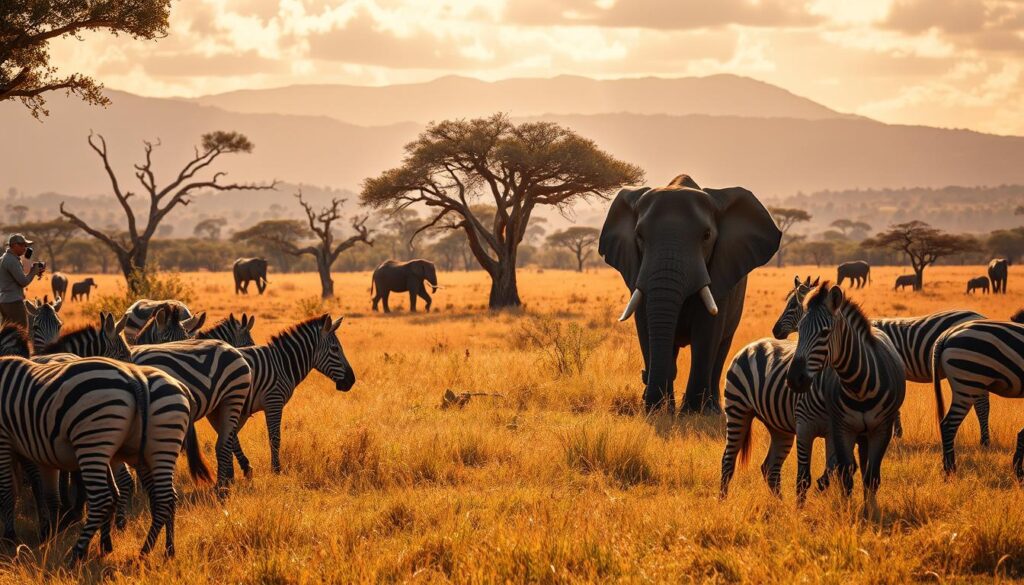 A lush, sun-dappled savanna in Kenya, where a photographer crouches amidst a herd of grazing zebras, their black-and-white stripes contrasting against the golden grass. In the middle ground, a majestic elephant lumbers past, its massive body casting a long shadow. In the background, towering acacia trees and distant mountains frame the scene, evoking a sense of timeless, untamed wilderness. The warm, golden light filters through wispy clouds, creating a soft, ethereal glow. The photographer's camera, a high-quality DSLR with a telephoto lens, captures the intimate, dynamic moments of this safari adventure.
