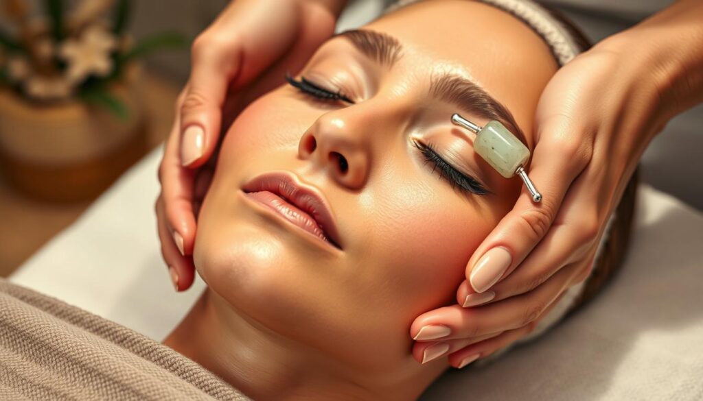 A serene and tranquil scene of a facial massage. A person's face is gently cradled in the palms of skillful hands, the skin radiating a healthy glow. The lighting is soft and diffused, creating a calming atmosphere. Delicate jade rollers glide across the contours of the face, stimulating circulation and lymphatic drainage. The background is blurred, allowing the viewer to focus on the relaxing ritual unfolding before them. Soothing textures and natural tones evoke a sense of wellness and self-care. The image captures the essence of a mindful, restorative facial massage.