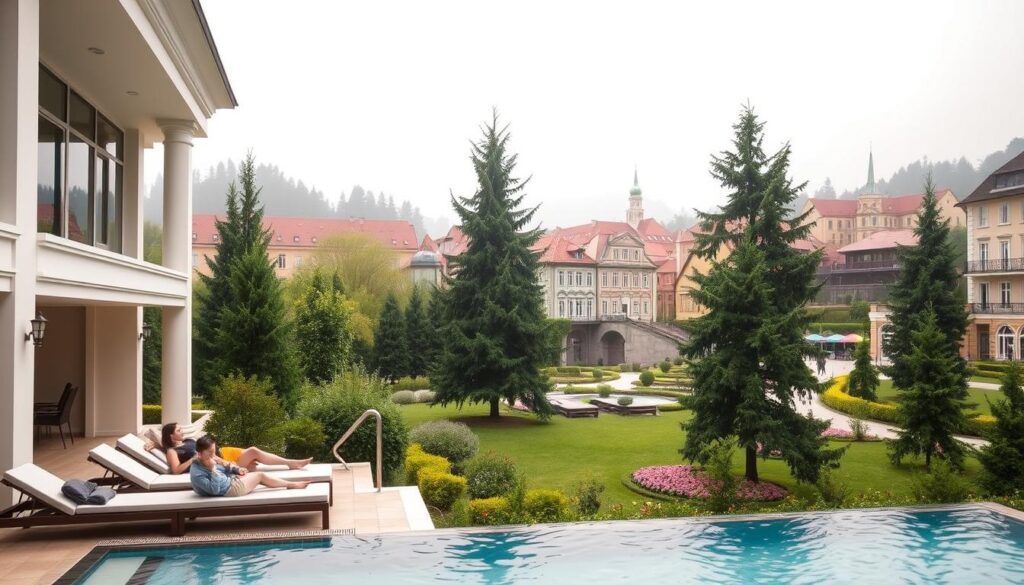 A serene and tranquil spa retreat nestled in the picturesque town of Karlovy Vary, Czech Republic. The foreground showcases an elegant, modern spa facility with clean lines and a soothing color palette. Guests recline on plush lounge chairs, enjoying the benefits of mineral-rich thermal waters. In the middle ground, a lush garden oasis with towering pine trees and blooming flower beds creates a verdant, natural backdrop. The background features the iconic Baroque architecture of Karlovy Vary, with its colorful buildings and charming, winding streets. Soft, diffused lighting casts a warm, inviting glow over the entire scene, evoking a sense of calm and rejuvenation. The overall atmosphere is one of serenity, wellness, and the perfect respite from the stresses of everyday life.