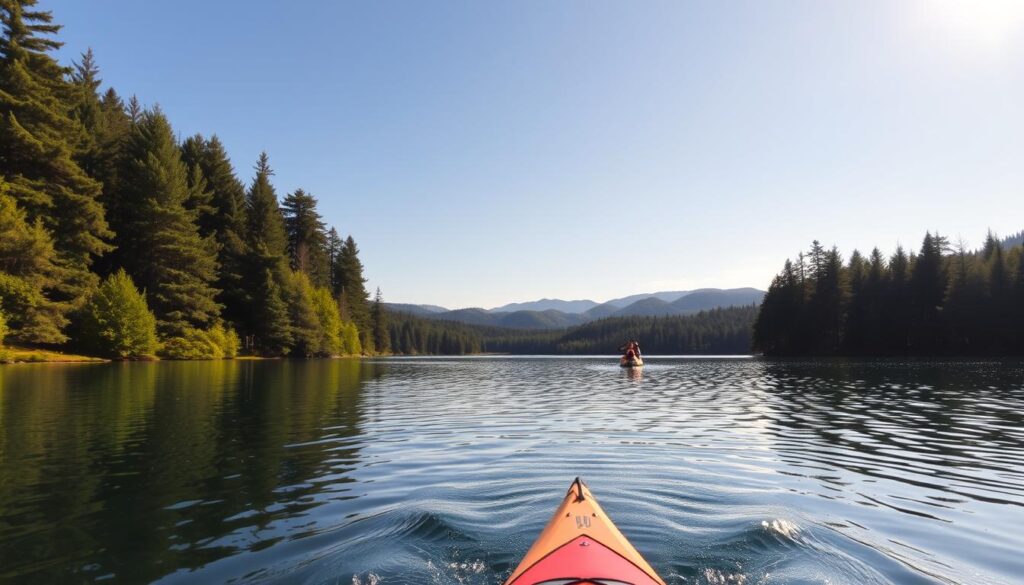 A serene lake surrounded by lush, verdant forests under a vibrant, sun-dappled sky. In the foreground, a sleek, colorful kayak glides effortlessly across the still waters, its paddle creating gentle ripples. Towering pine trees line the shoreline, their branches casting soft, dappled shadows on the water's surface. In the distance, rolling hills and mountains rise up, their silhouettes hazy under the warm, golden light. The scene conveys a sense of tranquility and adventure, perfectly capturing the essence of kayaking in the picturesque landscapes of Poland.