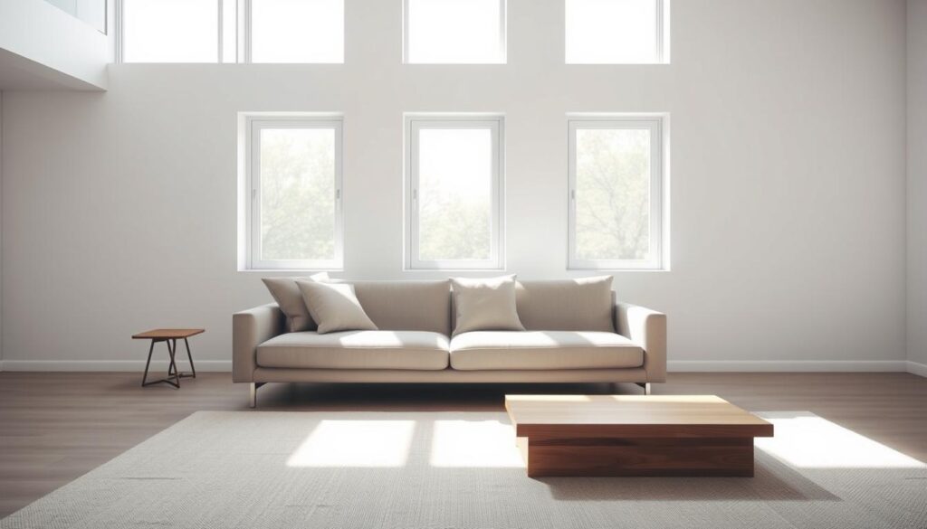 A serene, minimalist living room with natural light flooding through large windows. In the foreground, a sleek, low-profile sofa in a neutral tone, accented by a small, carefully curated collection of pillows. On the middle-ground, a minimalist wooden coffee table, its clean lines and uncluttered surface embodying the principles of minimalism. The background features bare, white walls, allowing the focus to remain on the simple, yet elegant furnishings. The overall atmosphere is one of tranquility, inviting the viewer to appreciate the beauty and utility of a minimalist approach to home organization and design.