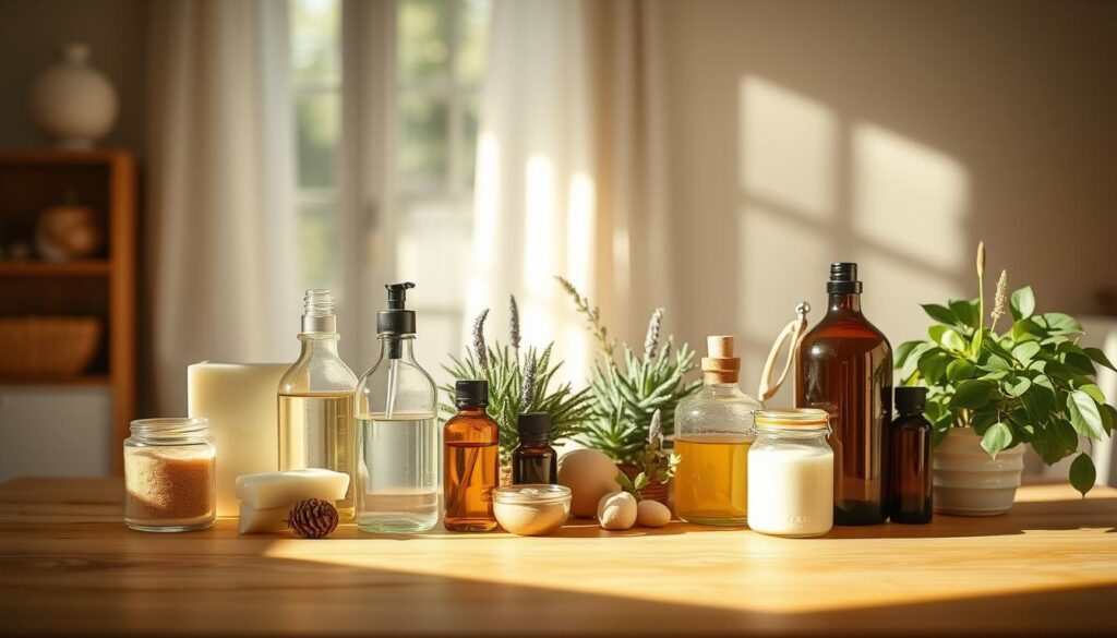 A serene, minimalist still life featuring a collection of natural cleaning products. In the foreground, an assortment of glass bottles and jars filled with homemade cleansers, soaps, and essential oils sit atop a warm, wooden surface. Sunlight streams in through a window, casting a soft, golden glow and creating gentle shadows. In the middle ground, lush, green plants and a few simple, earthy accessories complement the natural aesthetic. The background is blurred, allowing the viewer to focus on the carefully curated arrangement of eco-friendly cleaning essentials. The overall mood is calming, inviting, and reflective of a sustainable, mindful lifestyle.