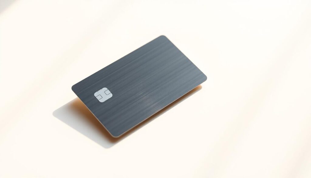 A sleek, modern credit card resting on a minimalist, white surface, casting a soft, directional shadow. The card's surface gleams under warm, natural lighting, showcasing its metallic texture and sharp, clean design. The background is blurred, creating a sense of depth and focus on the card itself. The composition is balanced, with the card positioned slightly off-center to add visual interest. The overall mood is one of sophistication, simplicity, and high-quality.