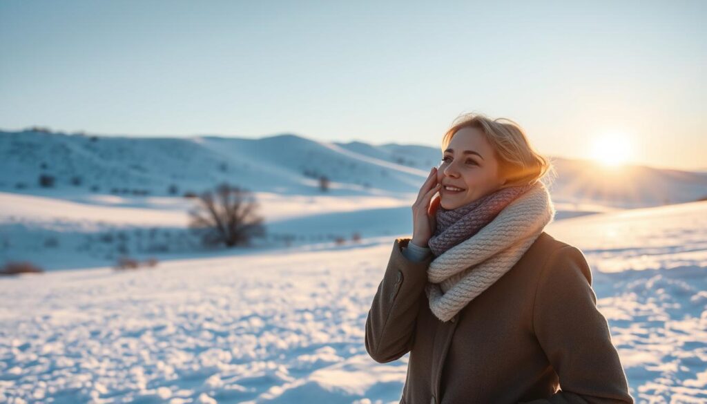 A snowy winter landscape, with a woman standing in the foreground, bundled up in a warm coat and scarf, applying sunscreen to her face. The sun is low on the horizon, casting long shadows and a soft, golden glow across the scene. In the background, rolling hills covered in a blanket of pristine white snow stretch out, interrupted by the occasional bare tree or frozen pond. The atmosphere is crisp and serene, highlighting the importance of sun protection even on the coldest of days.