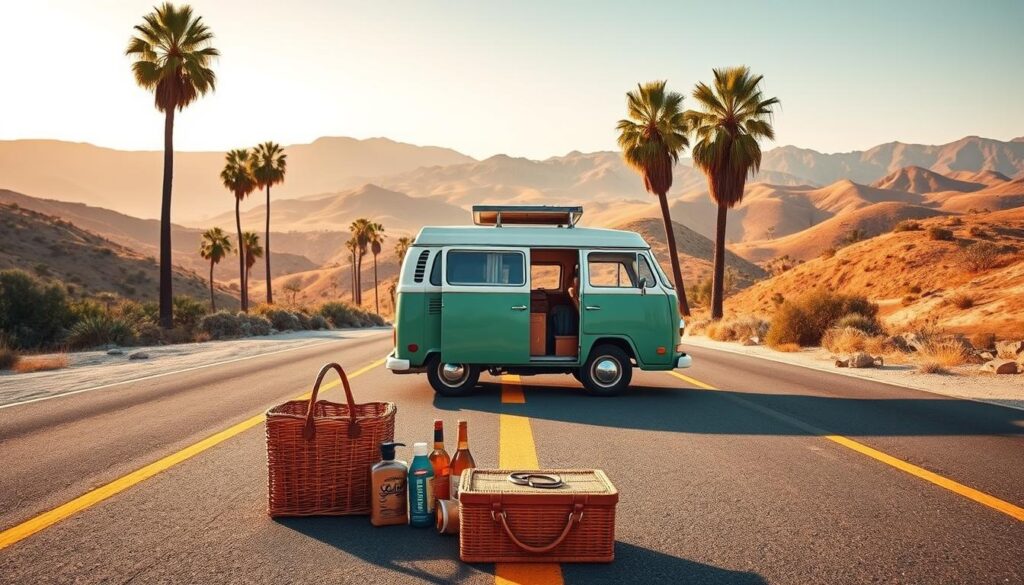 A sun-drenched road stretches out before a vintage campervan, its cheerful exterior inviting the viewer on a budgetary Californian adventure. In the foreground, a picnic basket and hiking gear suggest a day of exploration, while the middle ground showcases iconic palm trees and rolling hills. The background is a panoramic vista of the Golden State's breathtaking natural beauty, bathed in warm, golden light. The overall scene exudes a sense of freedom, adventure, and a mindful approach to travel, perfectly capturing the essence of a budget-friendly Californian road trip.