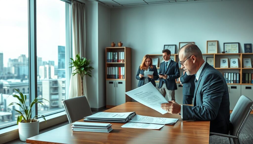 A thoughtful introduction to the concept of PPK (Pracownicze Plany Kapitałowe), Poland's employee-funded retirement savings plan. The scene depicts a calm, modern office interior with a large window overlooking a city skyline. In the foreground, a well-dressed professional is seated at a desk, intently studying documents related to PPK. The mid-ground features a team of colleagues collaborating on a presentation about the plan's key features and benefits. In the background, shelves of financial literature and framed certificates suggest an atmosphere of expertise and authority. The lighting is soft and natural, conveying a sense of professionalism and trustworthiness. The overall mood is one of engaged learning and the responsible stewardship of employee retirement savings.