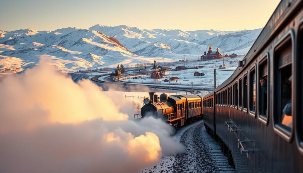 A vast expanse of snow-capped mountains and rolling hills, with the iconic Trans-Siberian Railway snaking through the rugged landscape. In the foreground, a powerful steam locomotive emerges from a cloud of billowing white steam, its metal surfaces gleaming in the soft, golden light of a winter sunset. The train's passengers gaze out of the windows, their faces illuminated by the warm glow, as the train cuts through the pristine, untouched wilderness. In the distance, a small village nestled between the peaks, its wooden buildings and onion-domed churches a testament to the rich cultural heritage of the region. The scene is infused with a sense of adventure and exploration, capturing the essence of the iconic Trans-Siberian Railway journey.