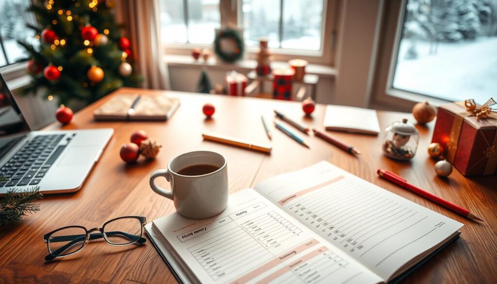 An elegant home office setting, with a wooden desk, a laptop, and various Christmas decorations scattered around. Soft, warm lighting illuminates the scene, creating a cozy and inviting atmosphere. In the foreground, a festive holiday planner lays open, displaying neatly organized budget categories and expense tracking. The middle ground features a mug of hot beverage, perhaps coffee or tea, alongside a pair of reading glasses and a few holiday-themed stationery items. The background showcases a large window overlooking a snow-covered landscape, adding a touch of winter wonder to the scene. The overall composition conveys a sense of purposeful planning and organized holiday preparations.